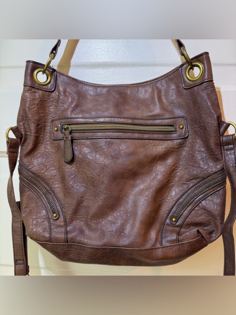 Classic Brown Vegan Leather Tote Handbag/ Crossbody